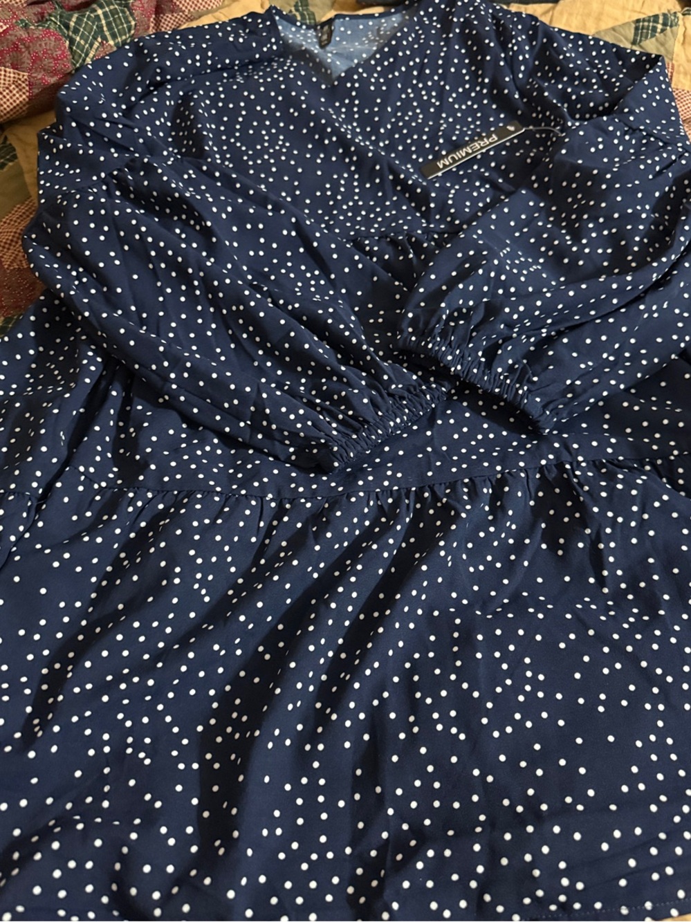 Navy Polka Dot Long Sleeve V-Neck Dress